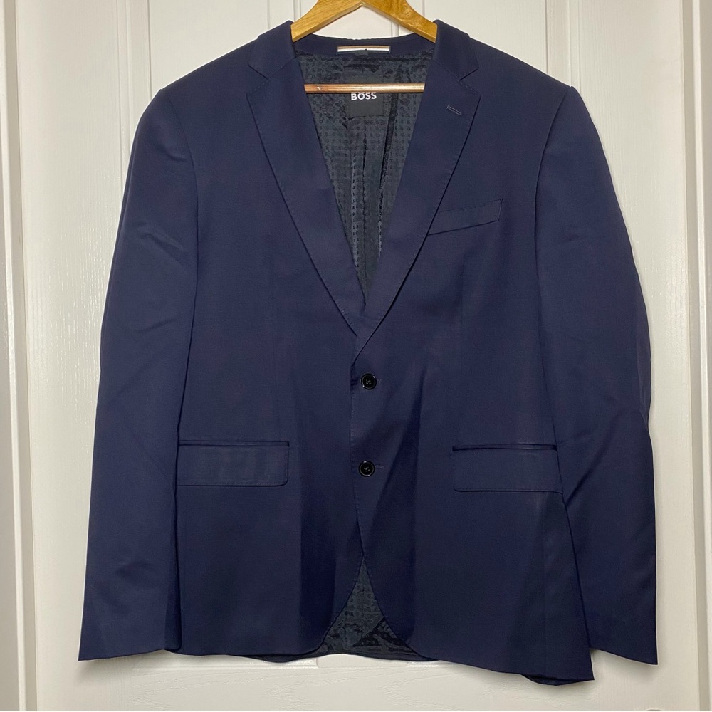 Hugo Boss Slim Fit Wool Suit Blazer Jacket Serge Dark Blue Mens Size 44 Wedding - Picture 2 of 16